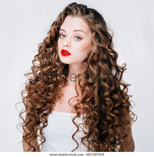 Woman Red Lipstick Curly Hair Fashion Stock Photo Edit Now 685189969