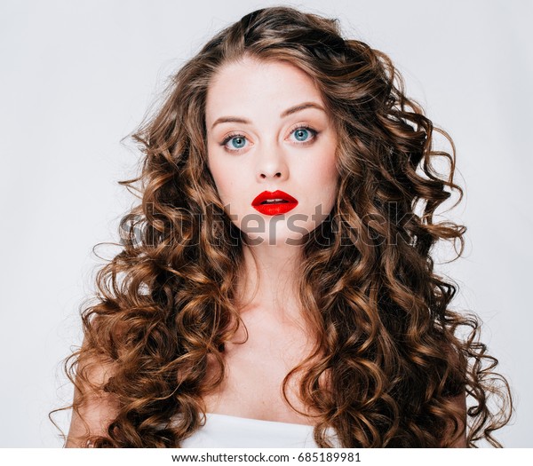 Woman Red Lipstick Curly Hair Fashion Stock Photo Edit Now 685189981