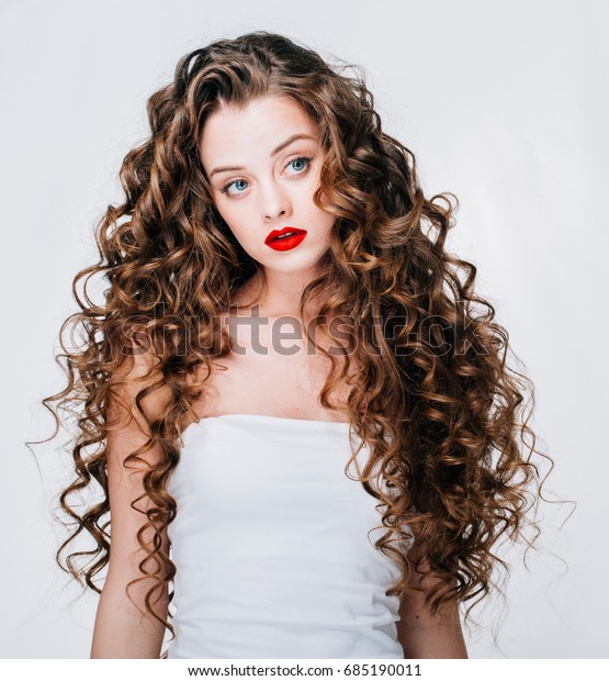 Woman Red Lipstick Curly Hair Fashion Stock Photo Edit Now 685190011