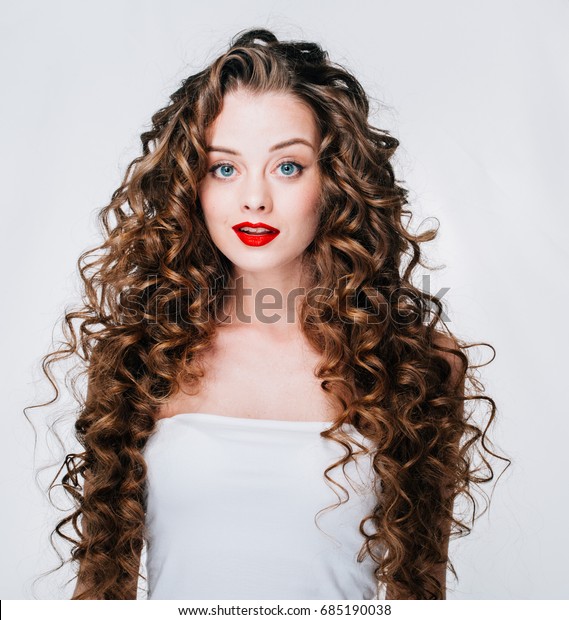 Woman Red Lipstick Curly Hair Fashion Stock Image Download Now