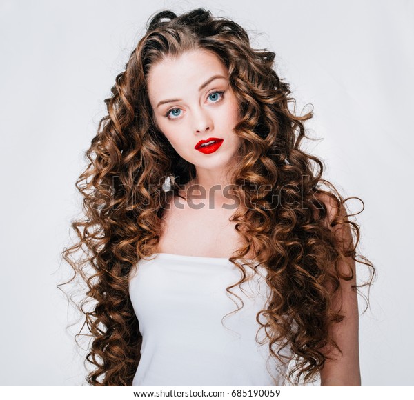 Woman Red Lipstick Curly Hair Fashion Stock Photo Edit Now 685190059