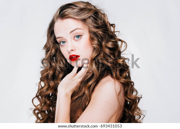 Woman Red Lipstick Curly Hair Fashion Stock Photo Edit Now 693431053