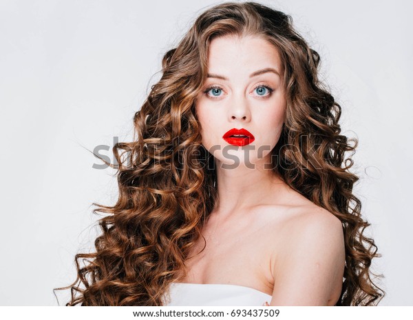 Woman Red Lipstick Curly Hair Fashion Stock Photo Edit Now 693437509