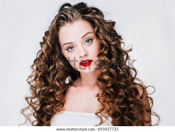 Woman Red Lipstick Curly Hair Fashion Stock Photo Edit Now 693437725