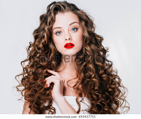 Woman Red Lipstick Curly Hair Fashion Stock Photo Edit Now 693437755