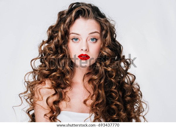 Woman Red Lipstick Curly Hair Fashion People Beauty Fashion