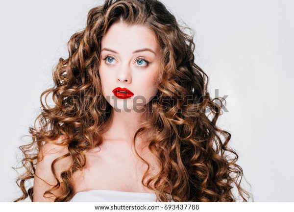 Woman Red Lipstick Curly Hair Fashion Stock Photo Edit Now 693437788