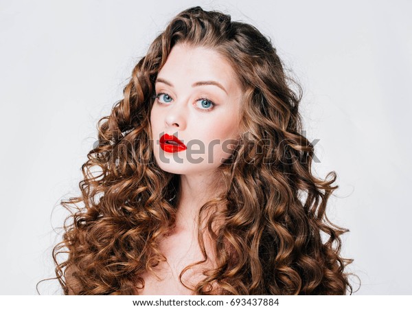Woman Red Lipstick Curly Hair Fashion Stock Photo Edit Now 693437884