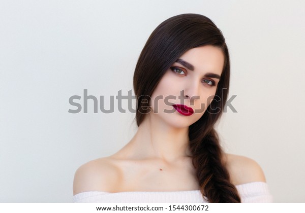 Woman Red Lipstick Dark Thick Hair Stock Photo Edit Now 1544300672