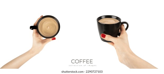 Woman with red manicure holding a coffee cup isolated on a white background, with clipping path. High quality photo