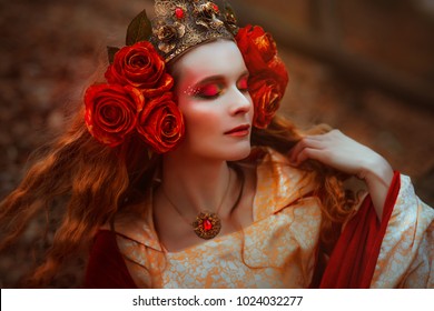 Woman in red medieval dress