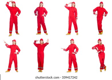 Woman In Red Overalls Isolated On White