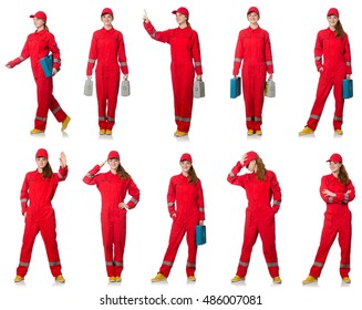 Woman In Red Overalls Isolated On White