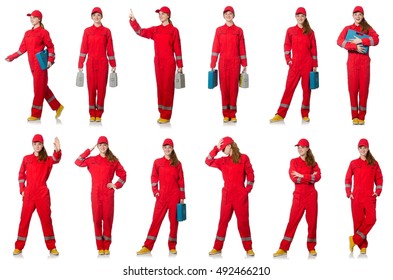 Woman In Red Overalls Isolated On White