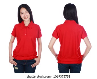 Woman In Red Polo Shirt Isolated On A White Background