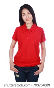 Woman In Red Polo Shirt Isolated On A White Background