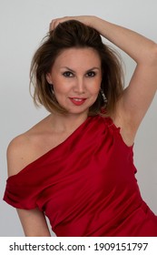 Woman In Red Satin Dress, Tousled Hair