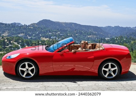 Woman, red sportscar and driving on mountain, travel and luxury transport on summer getaway. Happy female person, holiday and countryside wellness on street, vacation and adventure in convertible