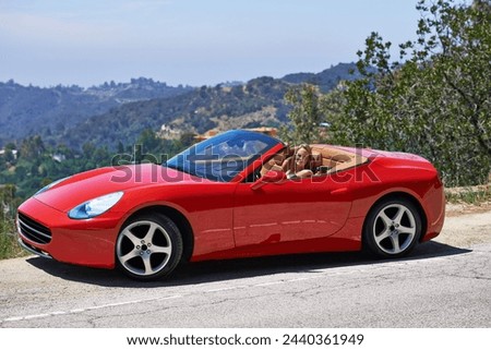 Woman, red sportscar and road trip on mountain, travel and luxury transport on summer drive. Female person, holiday and countryside wellness on street, vacation and adventure in convertible vehicle