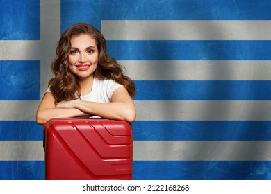 Woman With Red Suitcase On Greek Flag Background. Travel In Greece