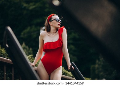 Woman In Red Swimming Suit Fashion