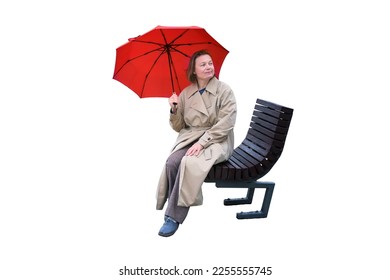 A woman with a red umbrella sits on a city street bench, isolated on a white background - Powered by Shutterstock