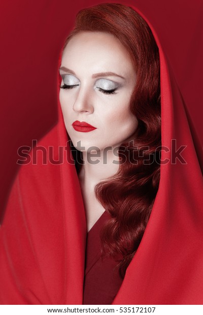 Woman Red Wavy Hair Red Lipstick Stock Photo Edit Now 535172107