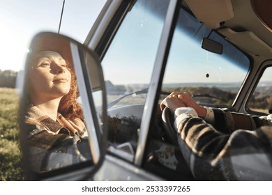  Woman Reflecting in Side Mirror of Vintage Camper Van - Powered by Shutterstock