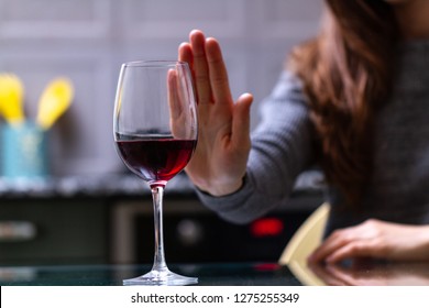 Woman Refuses To Drink A Alcohol. Female Alcoholism Concept. Treatment Of Alcohol Addiction. Quit Booze And Alcoholism.