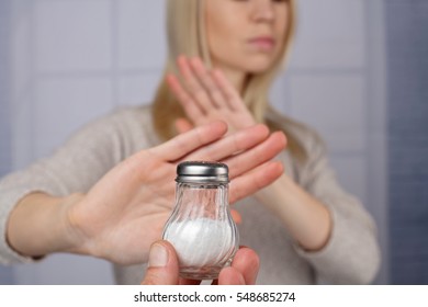 Woman Refusing Salt. Health Care Concept, Hypertension Prevention