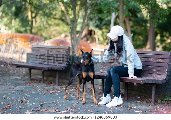Woman Relax Dog Park Bench Stock Photo Edit Now 1248869803