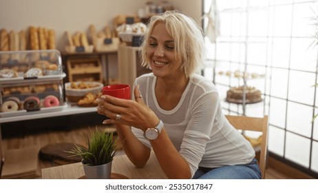 Woman relaxing with coffee in a cozy bakery, surrounded by various pastries and bread, smiling happily with short blonde hair and a modern outfit - Powered by Shutterstock