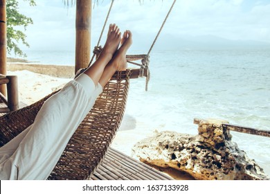 Woman Relaxing In The Hammock On Tropical Beach, Hot Sunny Day, Pov Feet