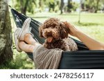 Woman relaxing in hammock petting dog fluffy brown Maltipoo dog on sunny day. Both looking content and happy. This serene outdoor scene captures joy of bonding with pets and enjoying nature together.