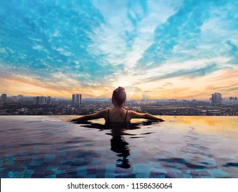 Woman relaxing in infinity pool with city view. Relaxing vacation. 