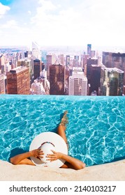 Woman relaxing in the rooftop pool with the view of New York city panorama