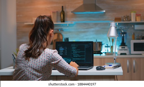 Woman remote thief stealing data from company hacking system from home. Programmer writing a dangerous malware for cyber attacks using performance laptop during midnight. - Powered by Shutterstock