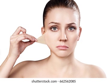 Woman Remove Her Old Dry Skin From Face.