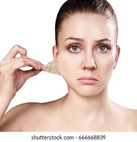 Woman Remove Her Old Dry Skin From Face.