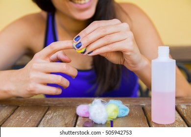 Woman Is Removing Nail Polish With Cotton. Manicure