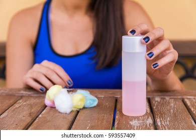 Woman Is Removing Nail Polish With Cotton. Manicure Time
