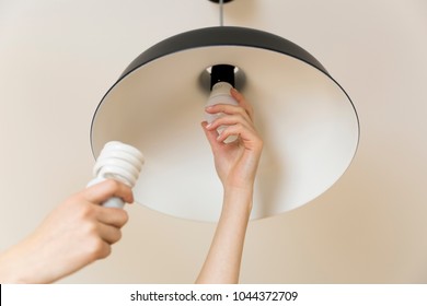 Woman Replacing Light Bulb At Home. Power Save LED Lamp Changing