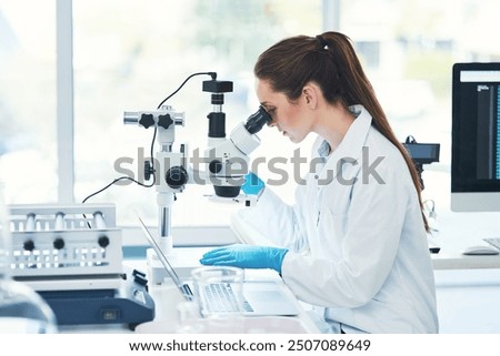 Woman, research and microscope at laboratory for bacteria with medical study, investigation and development. Female scientist, lab coat and science with testing for virus, disease and illness