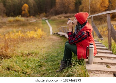 Woman Is Resting In The Autumn Forest. Fall Mood To Travel. Colorful Beautiful Natural Landscape. Drinks From A Thermos. Loneliness Freedom Silence Melancholy. Cozy Dreams. Hiking Tourism Leisure.