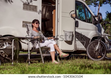 Similar – Image, Stock Photo Woman walking up ladder to tent over car