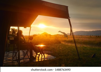 Woman rests after safari in luxury tent during sunset camping in the African savannah of Serengeti National Park, Tanzania.Woman Camping Tent Savanna Outdoors Concept - Shutterstock ID 1488763490