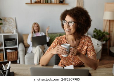 A woman rests with coffee as her partner works from the couch behind her - Powered by Shutterstock