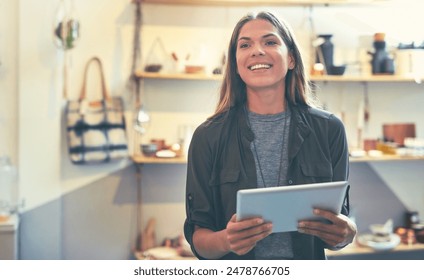 Woman, retail and tablet for thinking on fashion, online store and app for pricing inventory. Female person, small business owner and check shipping of stock, seller and website for ecommerce - Powered by Shutterstock