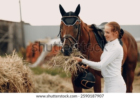Woman rider jockey in white uniform feeds horse at stable