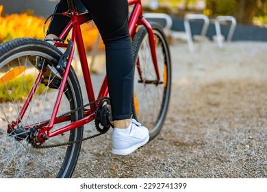 Woman riding bicycle in city park 